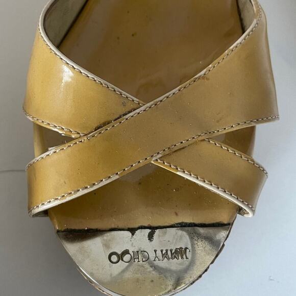 Jimmy Choo Y2K Patent Leather Tan Crossover Mule Cork Wedge Sandals • Size 39.5 - Picture 8 of 9
